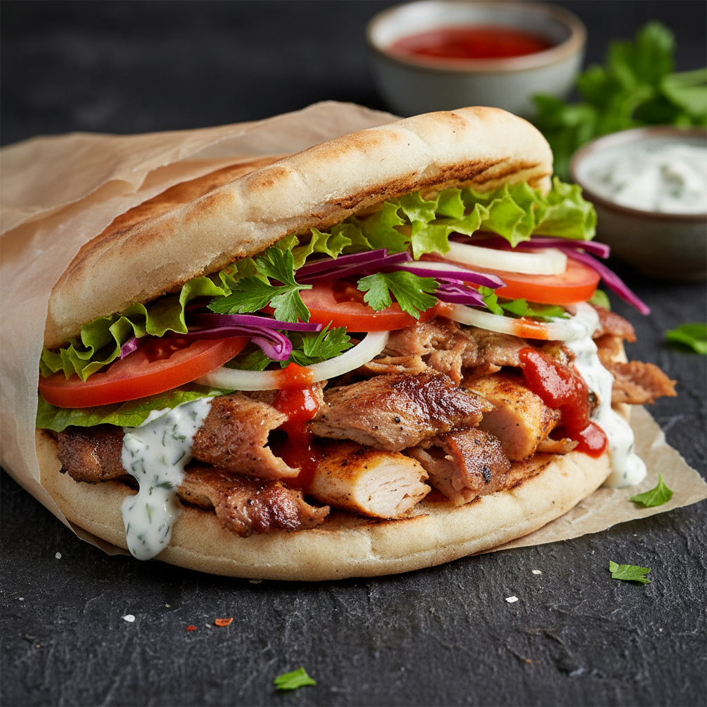 Premium Dipndoener Döner mit gegrilltem Fleisch und frischen Zutaten